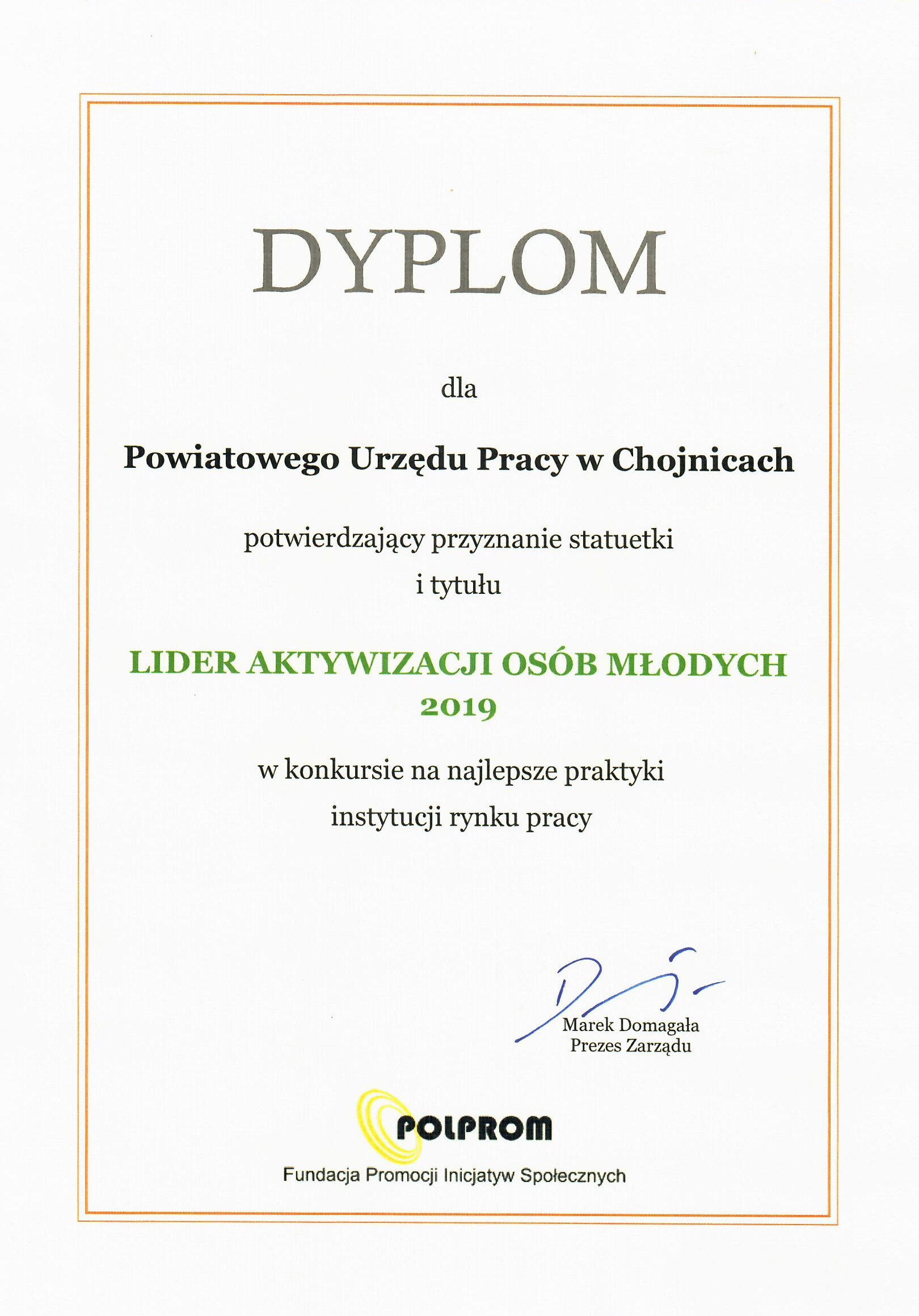 Dyplom - Lider Aktywizacji Osób Młodych - 2019 r.